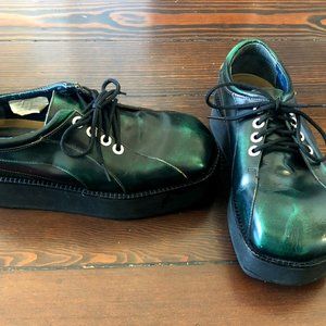 John Fluevog Vintage 90s Dark Green Leather Square Toe Creepers
